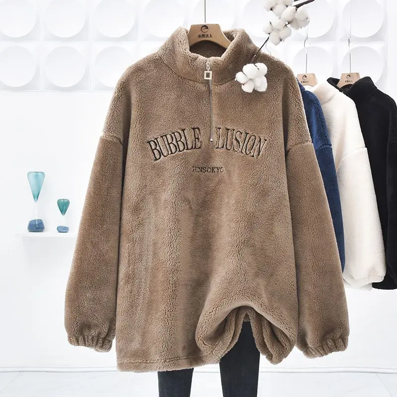 

Half Zipper Turtleneck Oversized Sweatshirt Thick Plush Lamb Velvet Winter Clothes Loose Casual Pullover Harajuku Students Tops