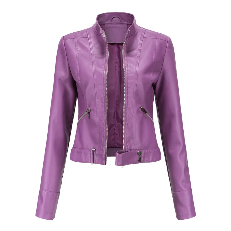 Thin Leather Short Coat Spring and Autumn Stand Collar Leather Jacket Women
