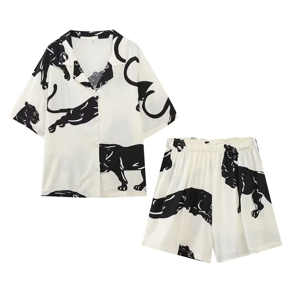 

PB&ZA spring/summer new women's fashion set cotton silk textured water print short sleeve pyjamas + printed pyjama trousers
