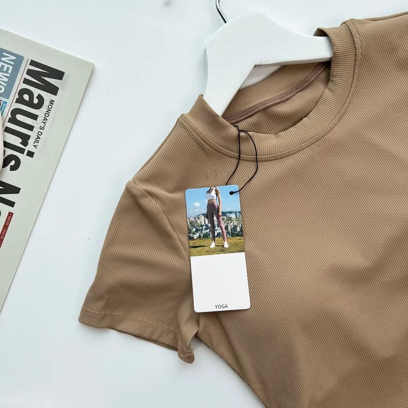 LU Sport Top Woman Ribbed Short Sleeve T Shirts Blouse Solid Padded Waist Open Sports Crop Tank Shirt Fitness Soft Gym T-shirts