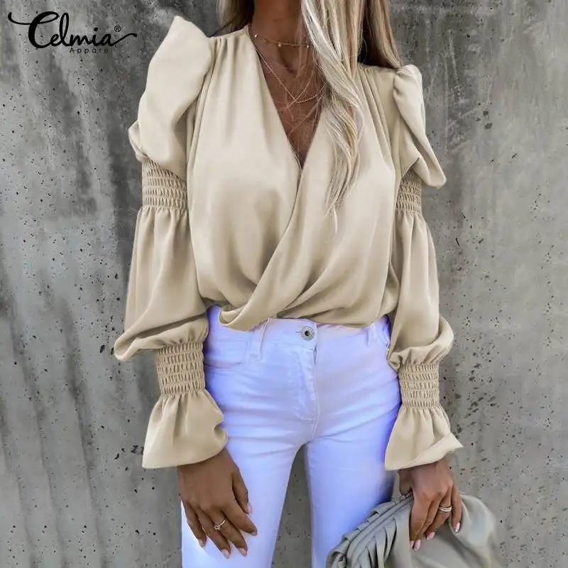 

Celmia Women Solid Color Blouses 2022 New Fashion Satin Silk Long Sleeves Shirts Sexy V Neck Cross Tops Casual Loose Work Blusas
