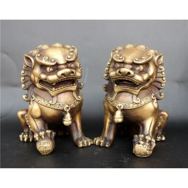 Фото Антикварная бронзовая статуя льва Fu Foo Dog, Китай, старые архаичные левы, пара 11 см №2