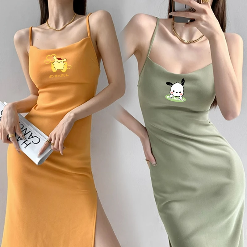 

Summer Anime Hello Kitty French Flat Mouth Slip Dress Womens New European and American Off Shoulder Sexy Split Dress Wholesale