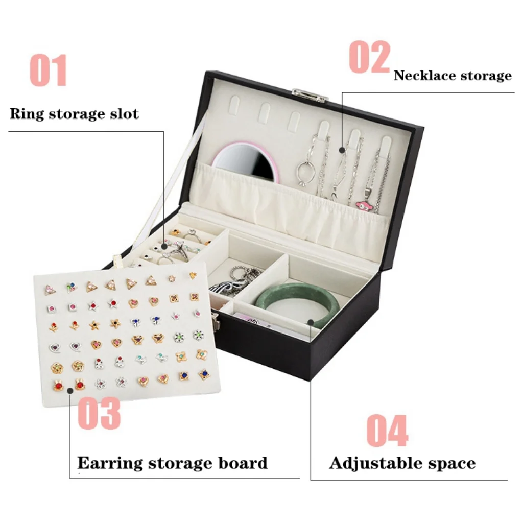 PU Leather Jewellery Storage Ring Earring Jewelry Display Organizer Box Tray Holder Storage Case Jewelry Box with Lock