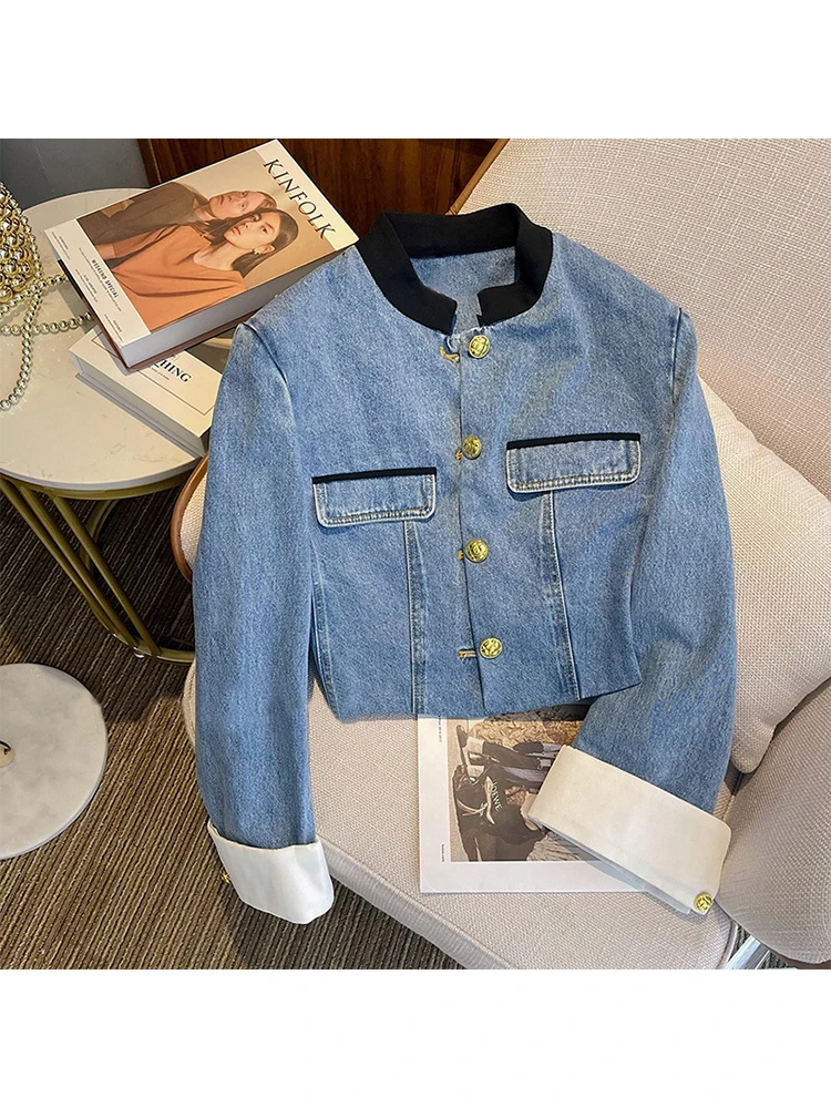 

Patchwork Stand Collar Jean Short Jacket Women's 2022 Autumn Winter Fashion Single-Breasted Short Denim Coat Women Brand Tops