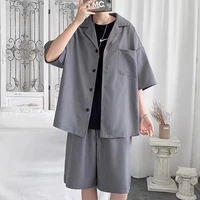 korean style mens set suit jacket and shorts solid thin short sleeve top matching bottoms summer fashion oversized man clothing