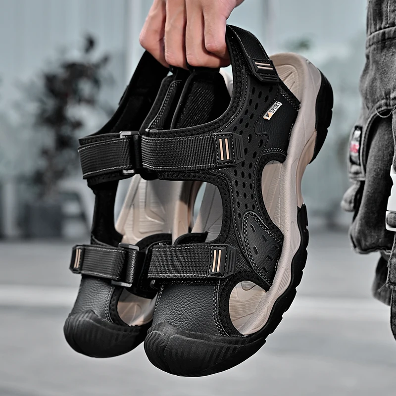 

Men Sandals Non-slip Rubber Soles High Quality Casual Water Trekking Mesh Leather Beach Breathable Summer Outdoor Hiking Soft