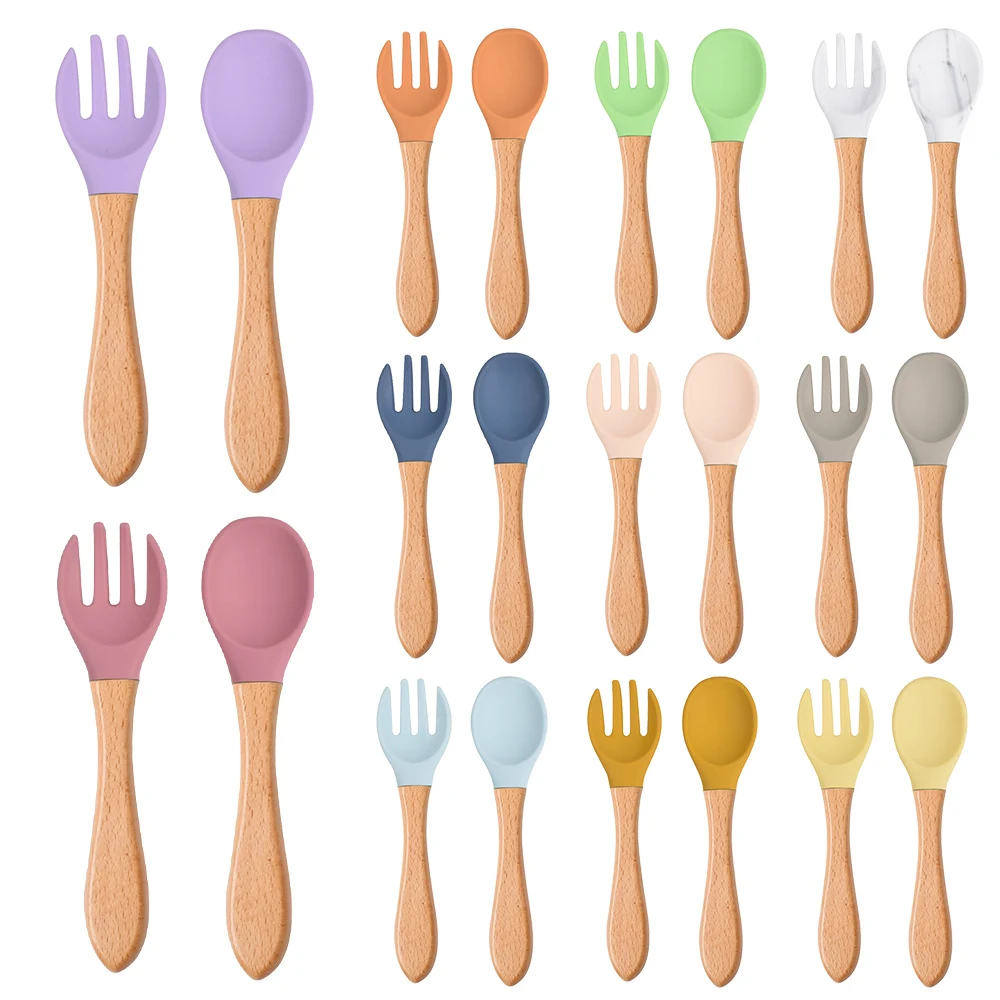 BPA Free Baby Silicone Spoon Fork Set with Wooden Handle Baby Feeding Spoon Fork Toddlers Infant Feeding Accessories Utensils