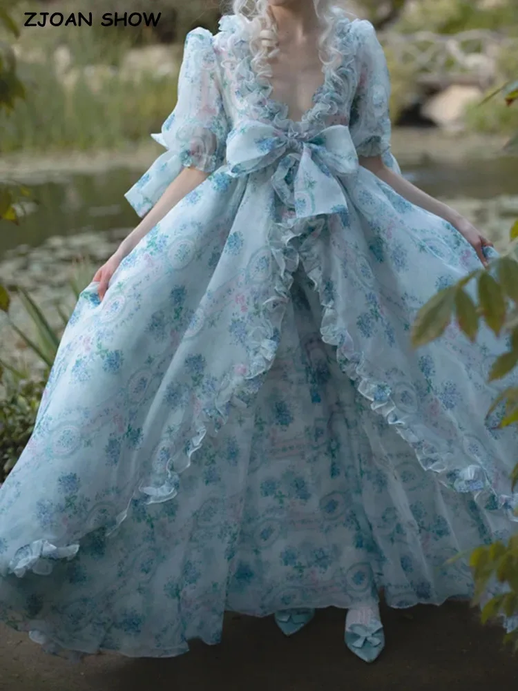 

2022 Princess Blue Flower Organza Ball Gown Dress Spliced Wood ears Front Puff Sleeve Women Swing Midi Long Fairy Cake Vestidos