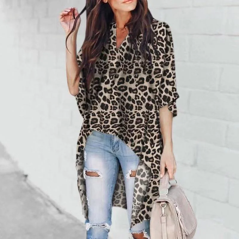

Women Flare Sleeve Irregular Leopard Print Tops 2021 Ladies V-Neck Casual T-Shirts Simple Loose Female Tees Streetwear Stylish