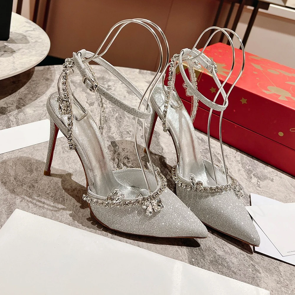 New Luxury Crystal Sandals High Heels Rhinestone Pointed Toe Designer Red Bottom 10cm Stiletto Thin Heel Wedding Party Dress