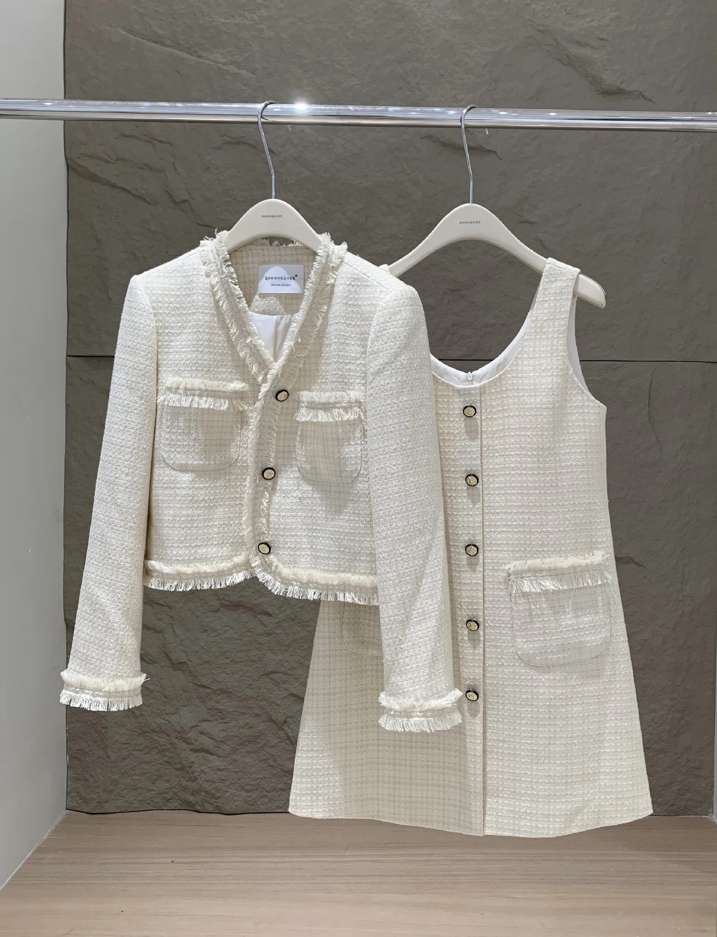 

Women Tops White Coat High Quality Vintage Tweed Jacket with Skirt New Fashion 2023 Spring