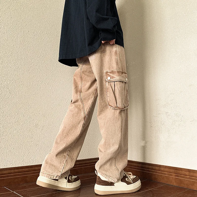 Baggy Pocket Jeans Men Fashion Casual Wide Leg Cargo Jeans Men Streetwear Loose Hip Hop Straight Denim Pants Mens Trousers S-2XL