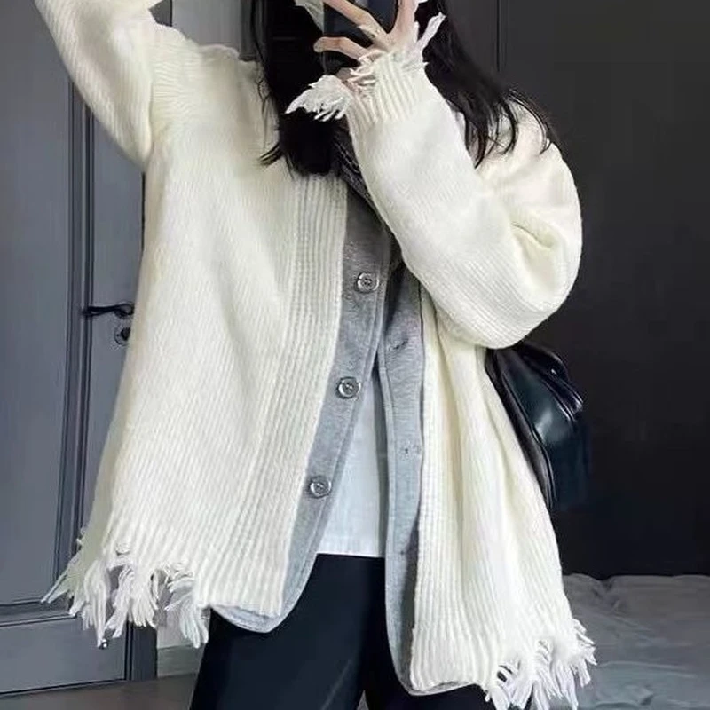 Korean Fashion Fake Two Piece Cardigan Autumn Women's Sweater Jacket Loose Tassel Knit Y2k Tops Harajuku Vintage Female Coat
