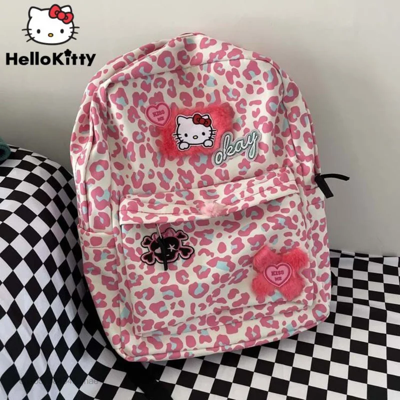 Sanrio Hello Kitty Schoolbag Student Aesthetic School Bags For Teenage Y2k Pink Leopard Print Backpack Women's Bag Korean Style