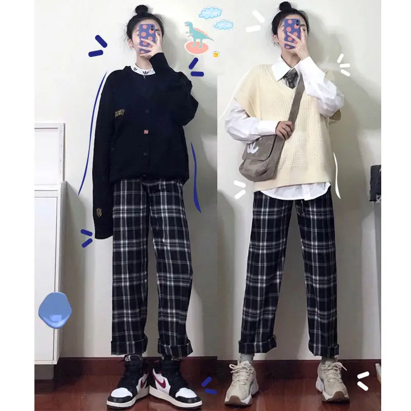 

Брюки женские с широкими штанинами, прямые повседневные свободные тонкие клетчатые штаны с завышенной талией, для студенток, большие разме...