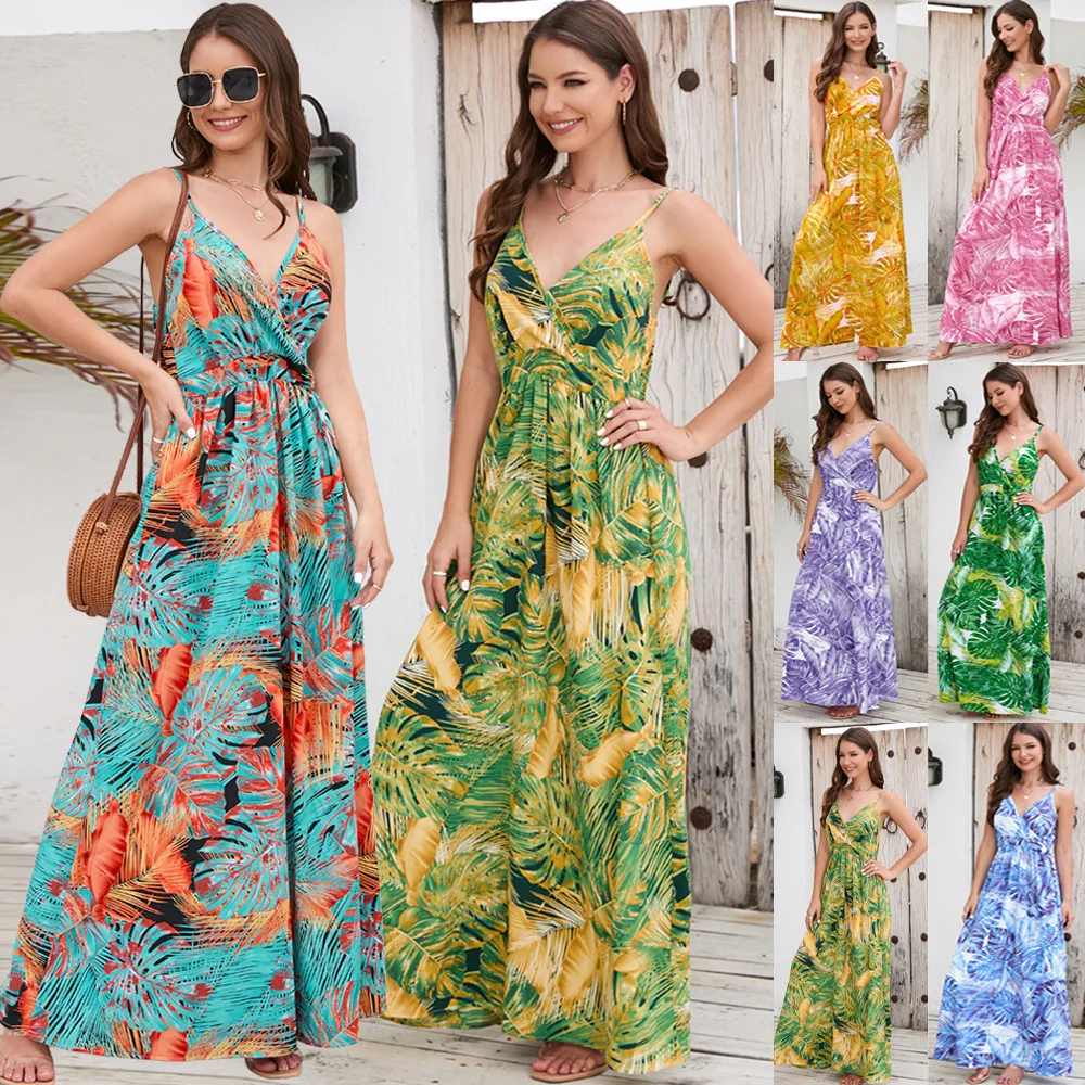

Summer Bohemian Strap V-Neck Dress Large Swing Holiday Imitation Cotton Puller Skirt