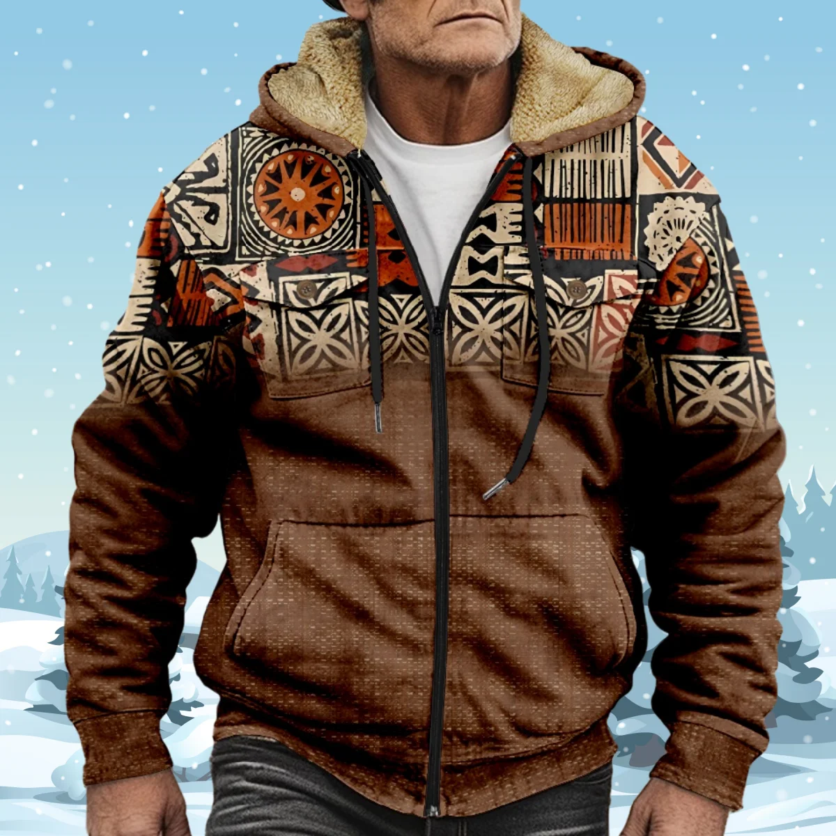 

Мужские флисовые толстовки на молнии с длинным рукавом винтажный принт Ретро узор зимние парки пальто куртка для мужчин/женщин верхняя одежда