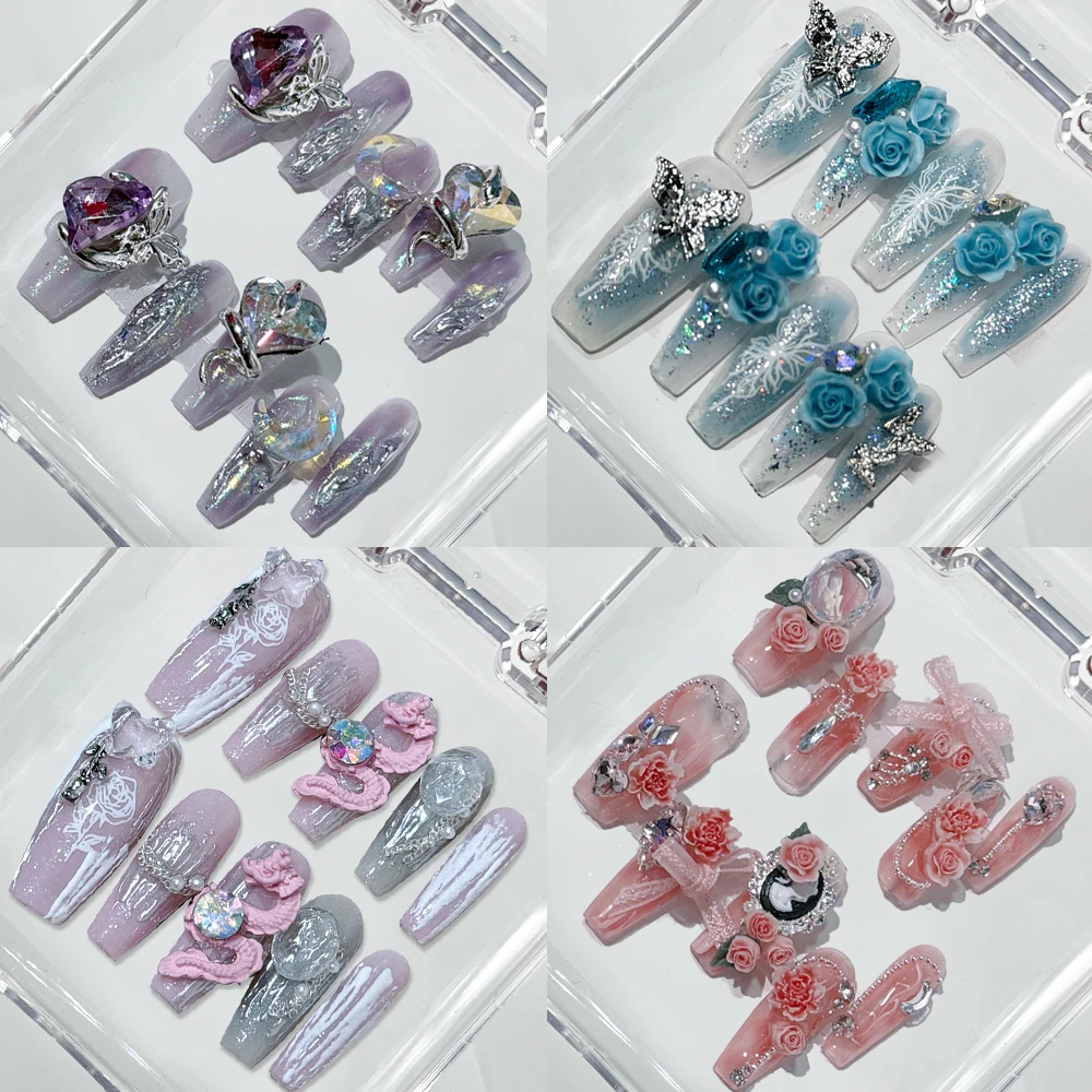 Градиентные искусственные ногти 3D цветок бант бриллиант летний длинный гроб