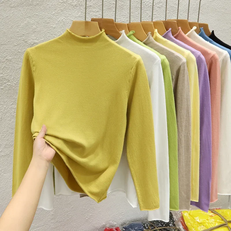 Женский трикотажный Однотонный свитер-поло с длинным рукавом и высоким