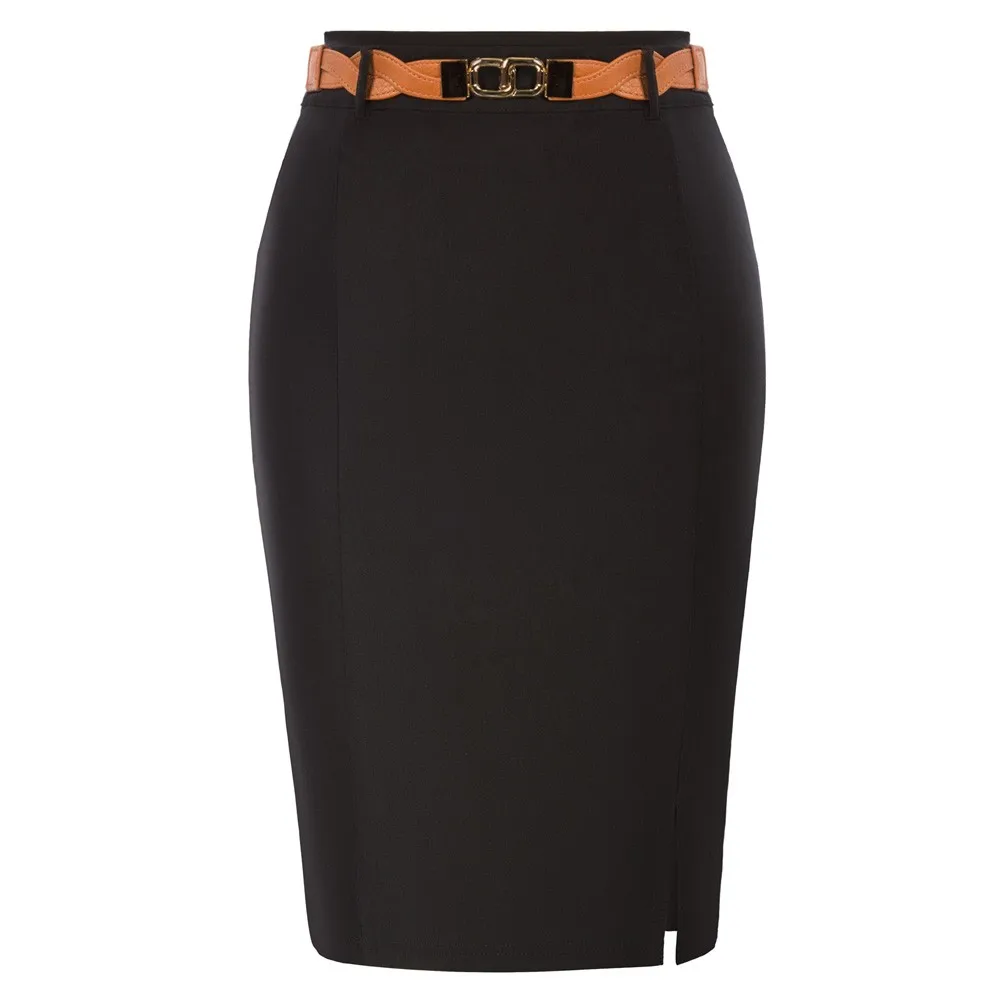 

KK Women Front Slit Skirt With Belt High Waist Hip-Wrapped Bodycon Skirt Office Business Wear Ladies Work Pencil Skirt A50