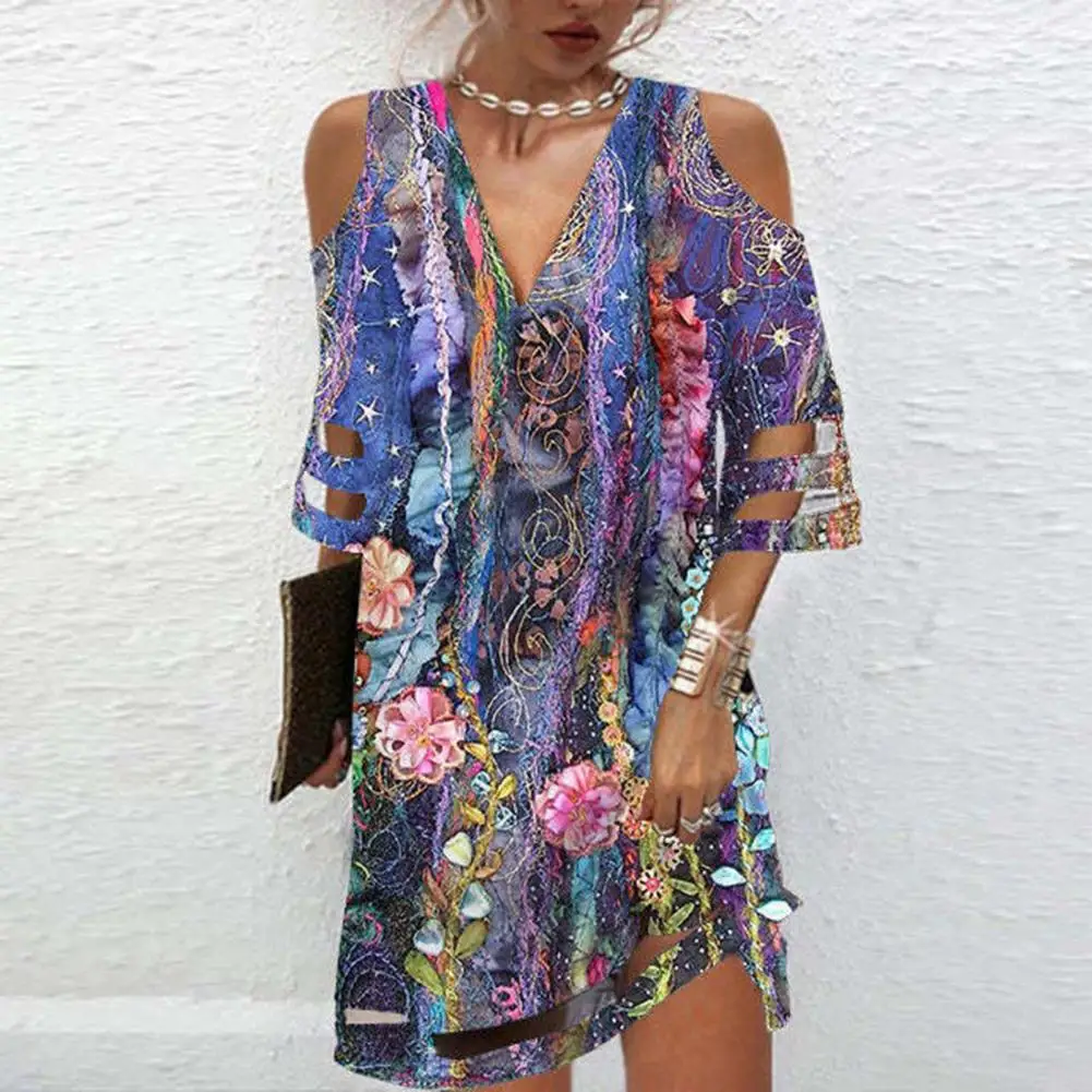 

Summer Dress Flower Printing Lady Mini Dress Colorfast Women Summer Dress