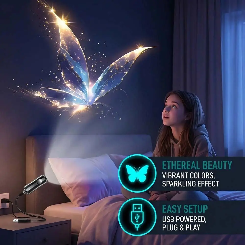 Фото Регулируемый проектор LED USB с разнообразными узорами: кит, бабочка, морские звезды, медузы. Проекционная лампа для ночного освещения. №2