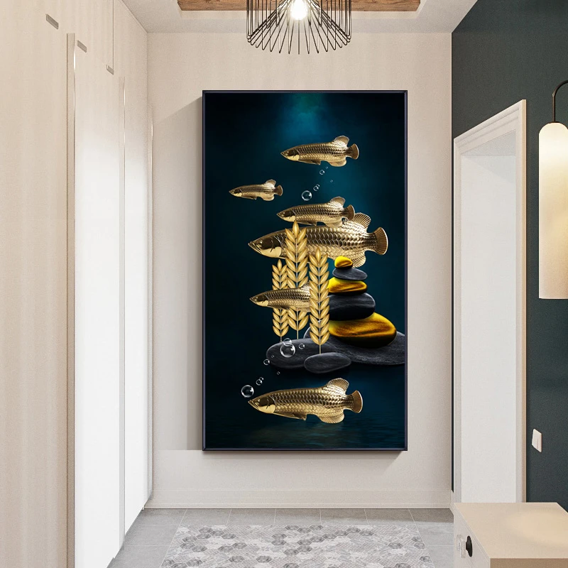 

Golden Fish Stone Decorative Painting Luxury Living Room Wall Art Prints and Posters Abstract Animal Aisle Room Decor Painting