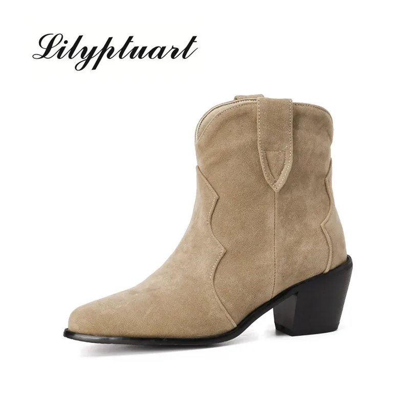 

2022 Retro Style Show Women's Boots Pointed Toe Western Boots Suede Short Ankle Thick Heel 6.5cm Shoes for Women