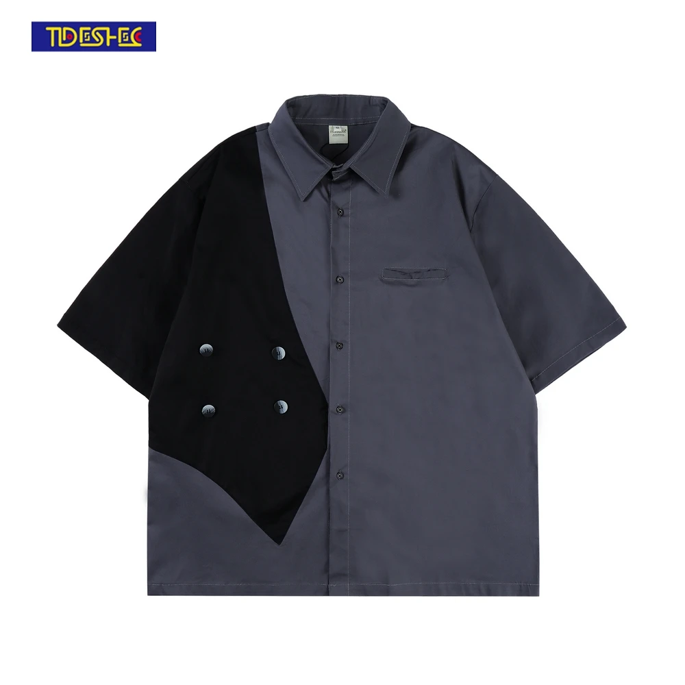 

Рубашка TIDESHEC мужская с индивидуальными пуговицами, винтажная короткая в стиле пэчворк, уличная одежда в стиле панк, хип-хоп, лето 2022