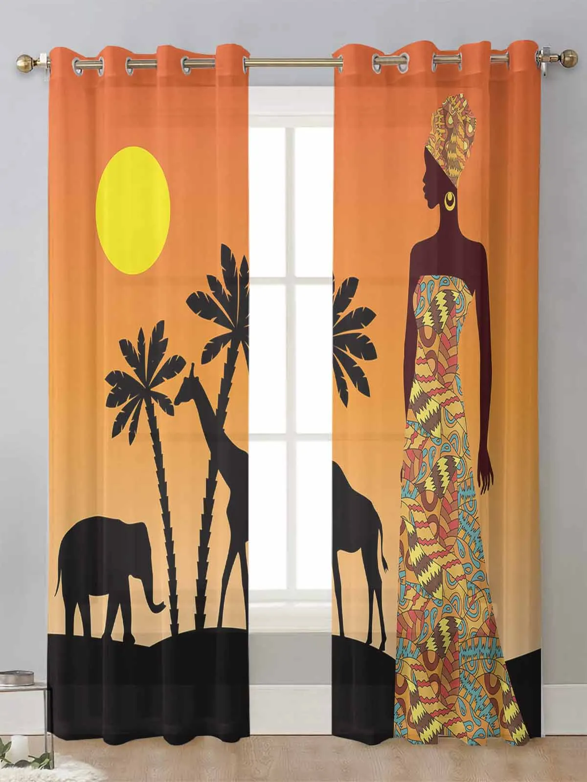 

Africa Sunset Women Elephant Giraffe Sheer Curtains For Living Room Window Voile Tulle Curtain Cortinas Drapes Home Decor