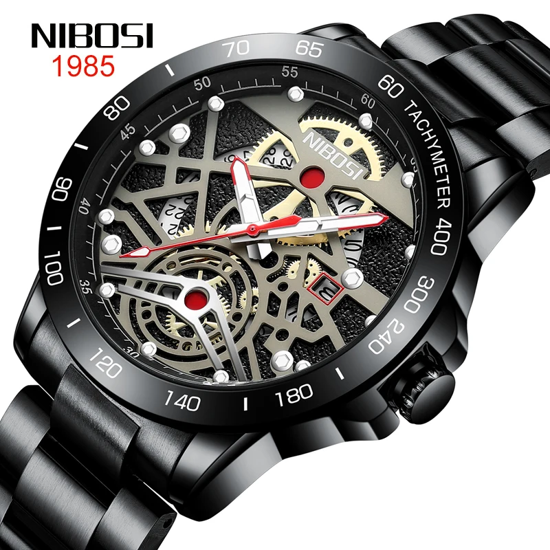

NIBOSI Fashion Skeleton Quartz Watch Stainless Steel Waterproof Sports Calendar Mens Watches Top Brand Luxury Relogio Masculino
