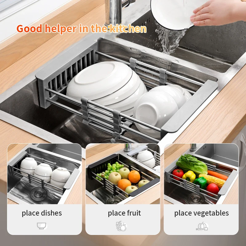 

48cm Adjustable Stainless Steel Sink Rack Sink Dish Rack Dish Holder Kitchen Sink Storage Rack Dish Draining Rack Fruits Drainer