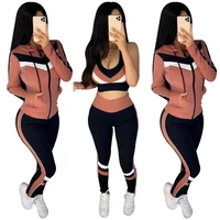2022 spring new three piece sportswear patchwork womens clothing hooded jacket leggings jogging sports set casual comfort