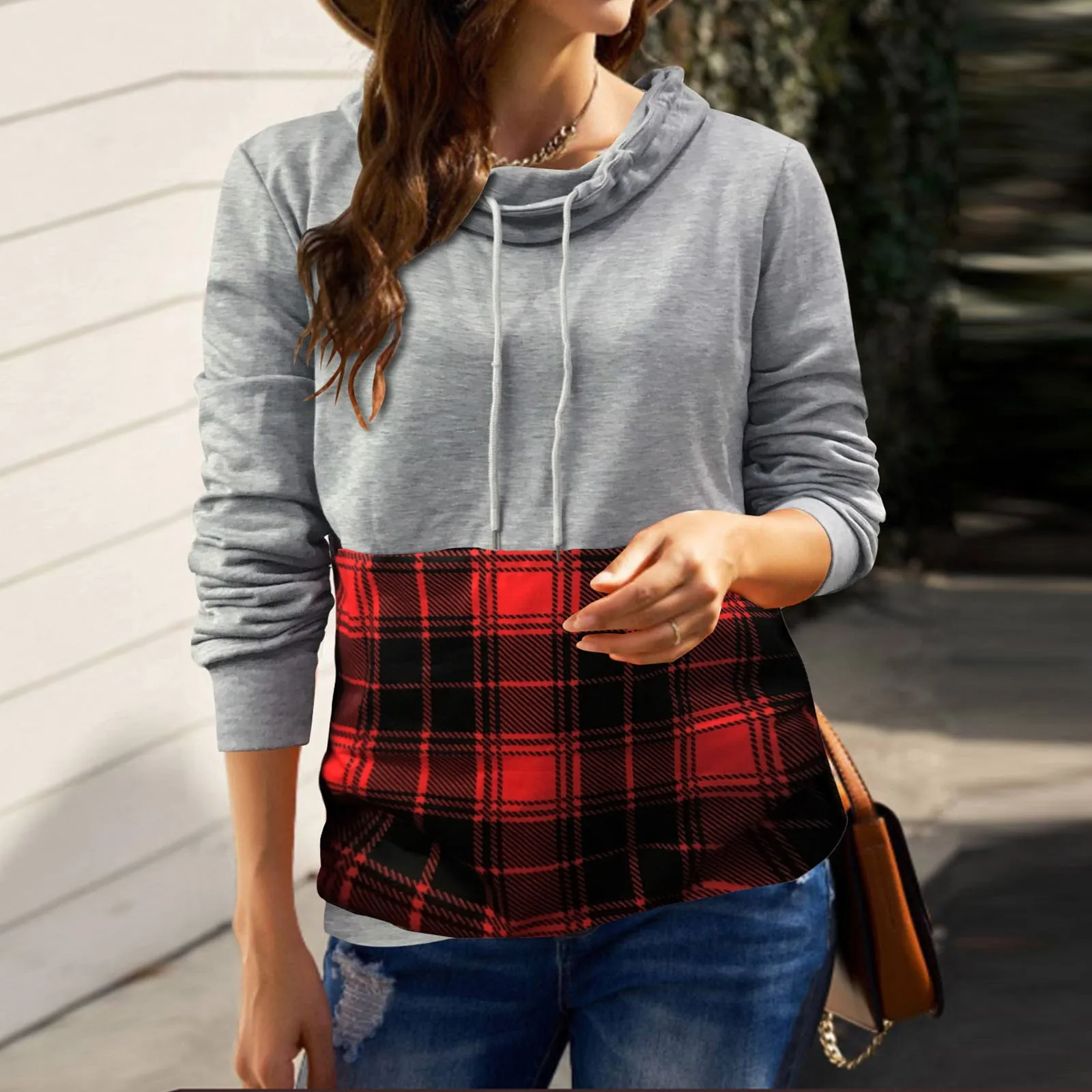 

Autumn Winter Women Hoodie Pullovers Plaid Print Patchwork Round Neck Long Sleeve Hooded Sweatshirt Tops Female Sport Jacket