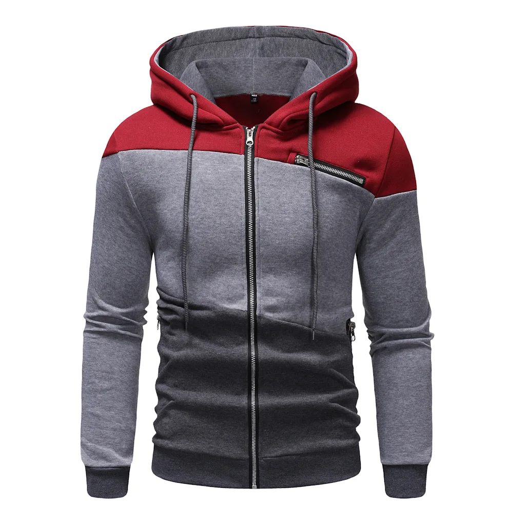

New Fashion Men's Three-color Stitching Hooded Sweater Cardigan Coat Men's Fashion Slim Coat Travel Mature Style Men Hoodies