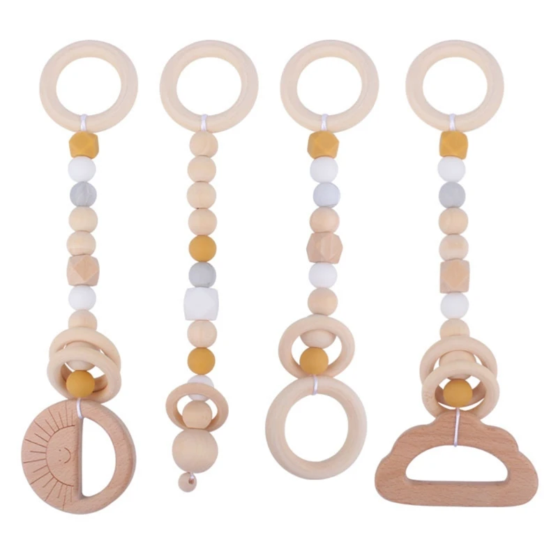 

4 Pcs/Set Baby Gym Frame Pendant Beech Wooden Ring Teether Stroller Rattle Infants Newborn Teething Nursing Molar Toys
