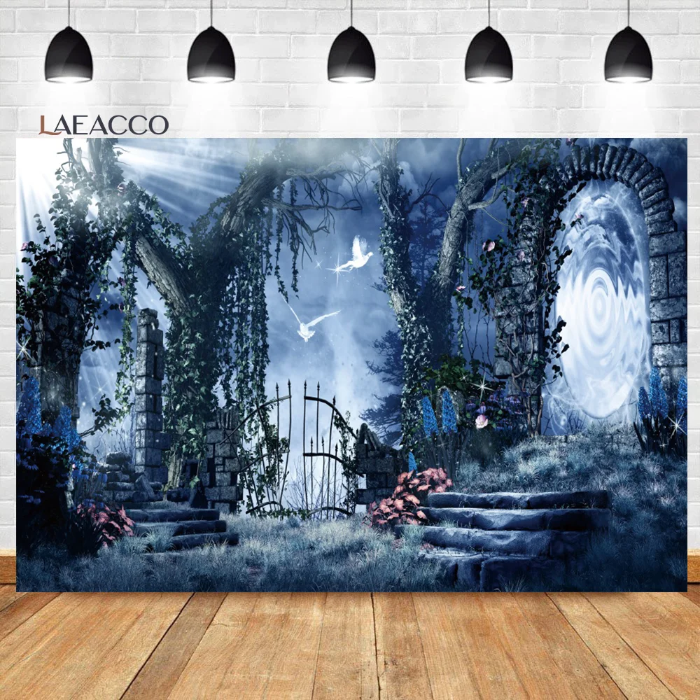 

Laeacco Enchanted Forest Backdrop Fairy Tale Garden Moonlight Dove Girls Birthday Baby Shower Portrait Photography Background