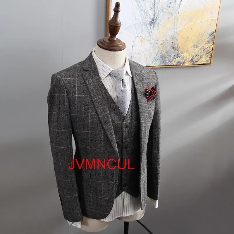 

2022 New British Style Suit Men 3 Piece Suit Plaid Blazer Trend Groom Wedding Suits Tuxedo Business Formal Suit Men's 3 Pc suit