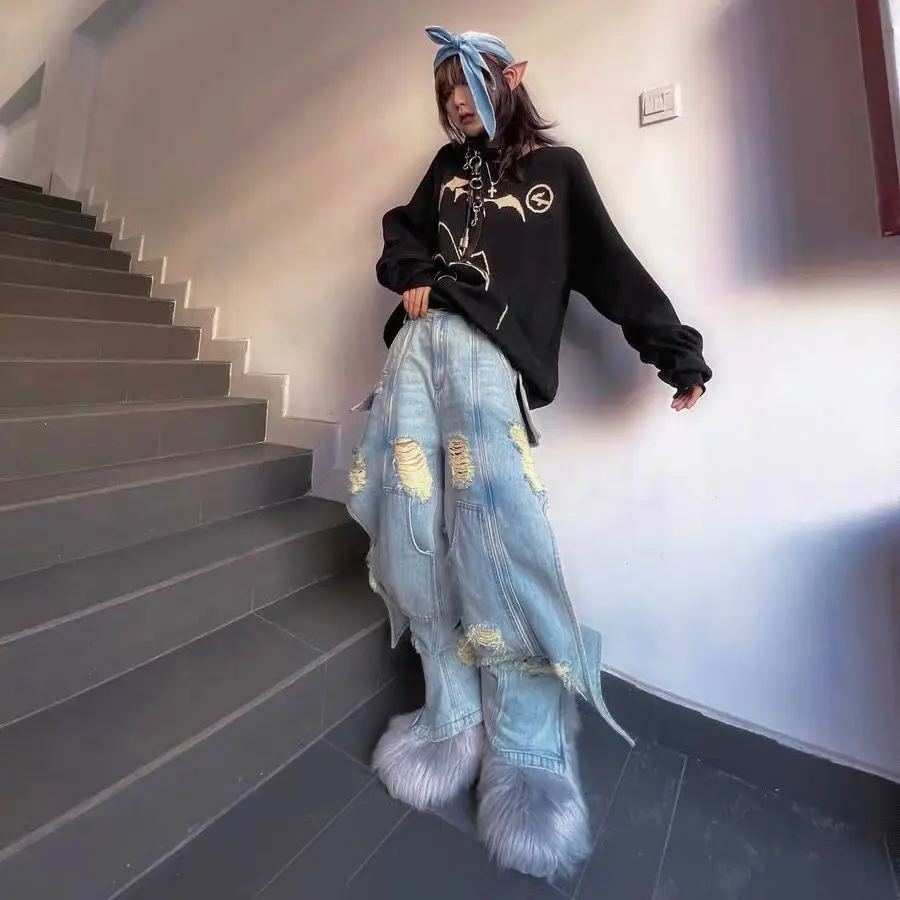 

Женские рваные джинсы NSMW MI в стиле ретро, популярные женские летние тонкие прямые брюки в стиле High Street, свободные широкие брюки