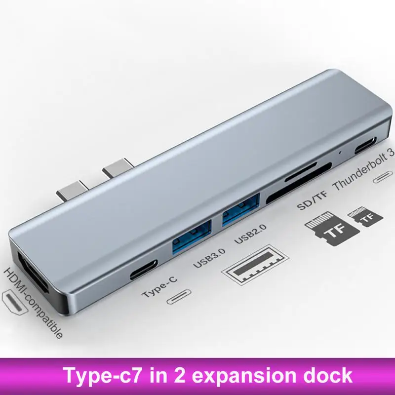 

USB-концентратор RYRA 7 в 1 с двумя штекерами, алюминиевый хаб с USB Type-C, адаптер 4K HDMI, совместимый с Thunderbolt 3 PD, быстрая зарядка для MacBook Pro