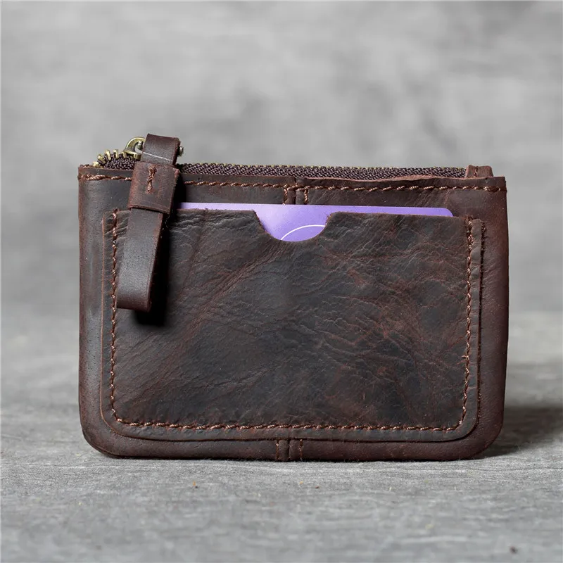 Vintage natural organizer genuine leather small coin purse simple luxury crazy horse cowhide men's women's card holder wallet
