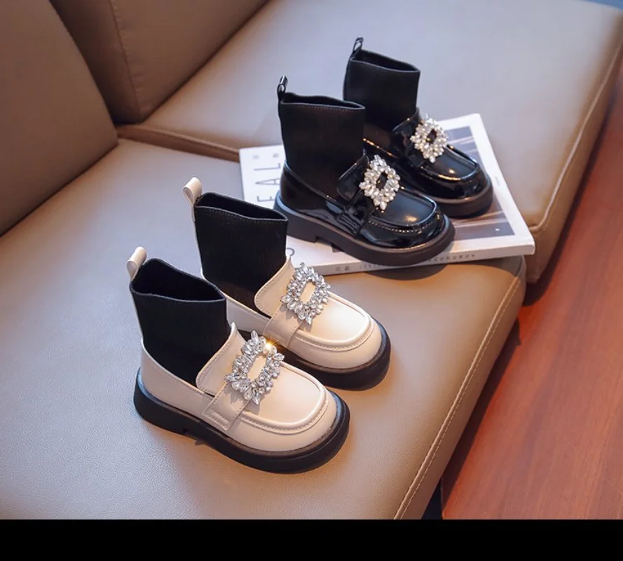 

2022 Fashion Rhinestones Chelsea Boots Leather Spring & Autumn Slip-On Children Shoe Child Girls' Socks Boot Ankle for Kids Girl