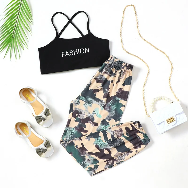 

Fashion Girls Clothing Set Summer Girls Outfits Strap Vest + Camouflage Long Pants 2pcs Kids Clothes Teen Girls Clothing 5-10Y