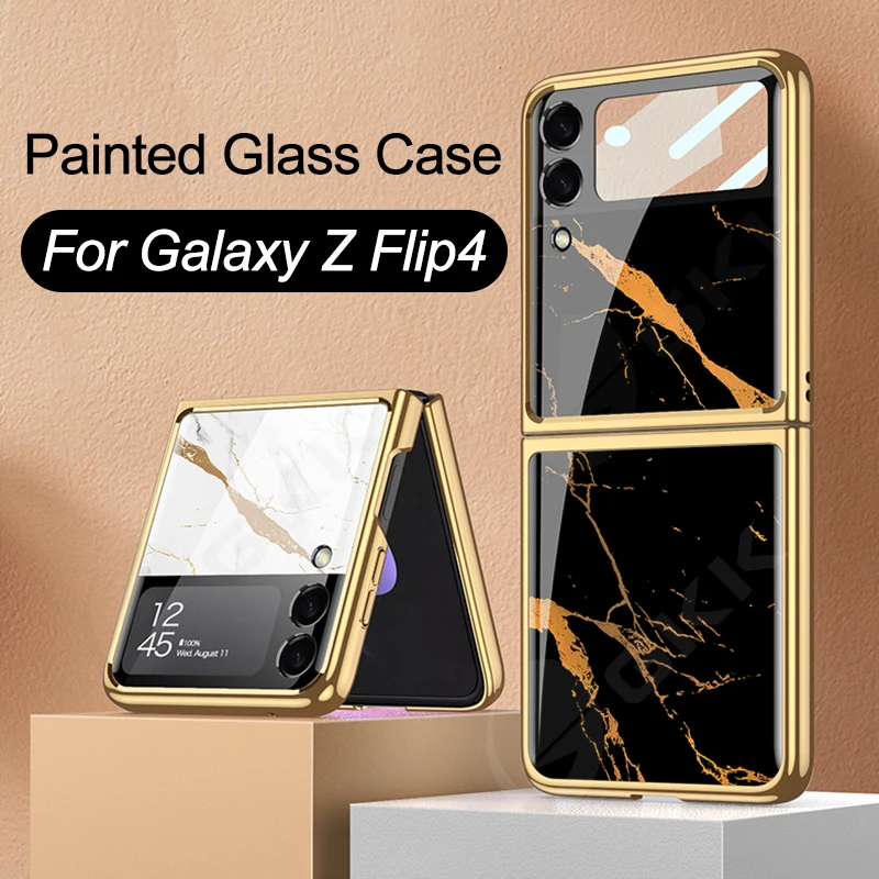 

GKK For Samsung Galaxy Z Flip 4 3 Case Electroplating Frame Painted Screen Tempered Glass Hard Cover For Galaxy Z Flip4 Case