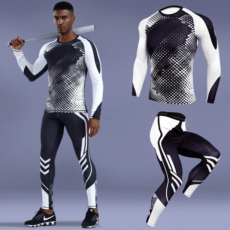 Men Fitness Running Sportswear Set Gym Training Compression Sport Tight Sweatpants Sweatshirt UV Sun Protection Rash Guard Lycra