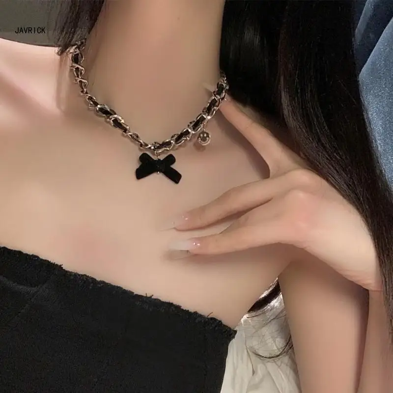 Классическое черное ожерелье с бантом регулируемое колье цепочка на ключицу