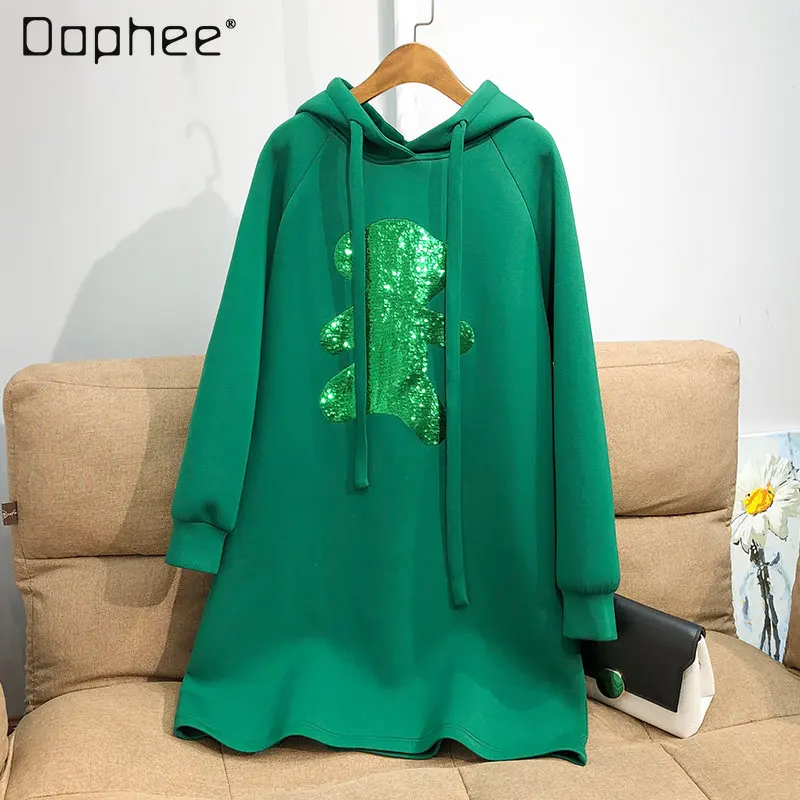 Winter Hooded Sweater Younger Bear Sequins Sweatershirts for Ladies Mid-Length Casual Loose Cotton Sweater Dress for Women