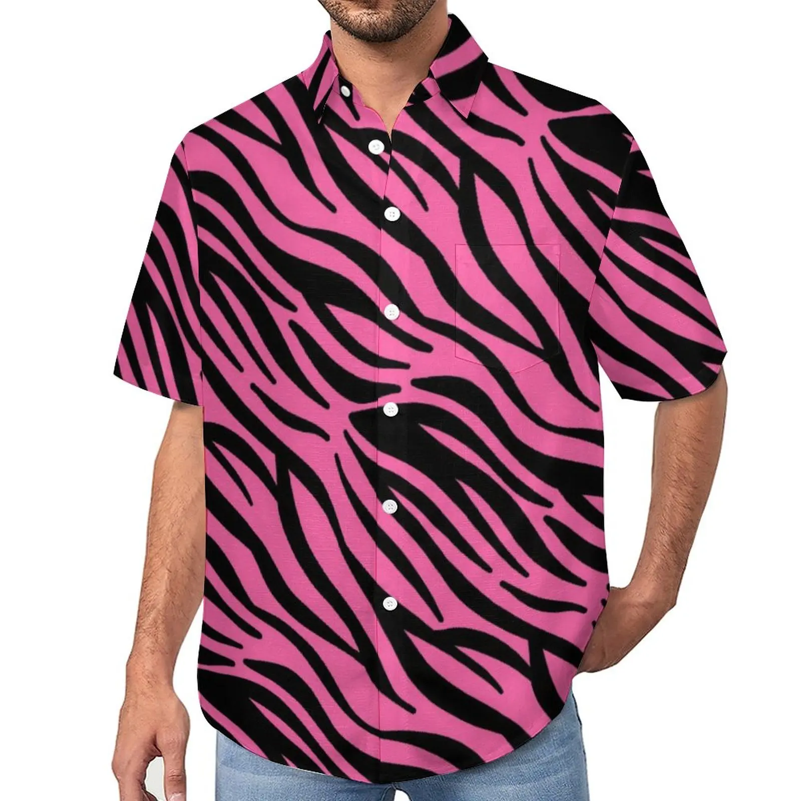 

Pink Zebra Print Vacation Shirt Black Stripes Hawaii Casual Shirts Man Aesthetic Blouses Short Sleeve Graphic Clothing Plus Size