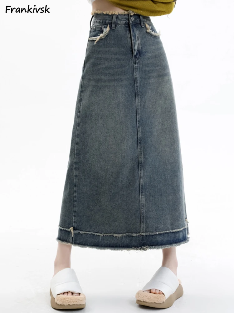 

Женская джинсовая юбка, однотонная элегантная офисная юбка до середины икры для отдыха, винтажная облегающая универсальная уличная одежда в Корейском стиле с карманами, лето